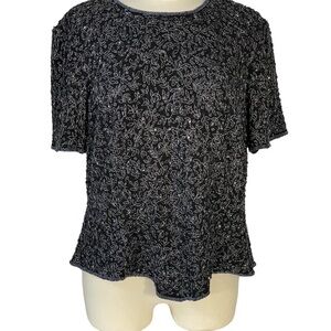 Adrianna Papell Boutique Black Beaded  Embellished Silk Short Sleeve Blouse L/XL
